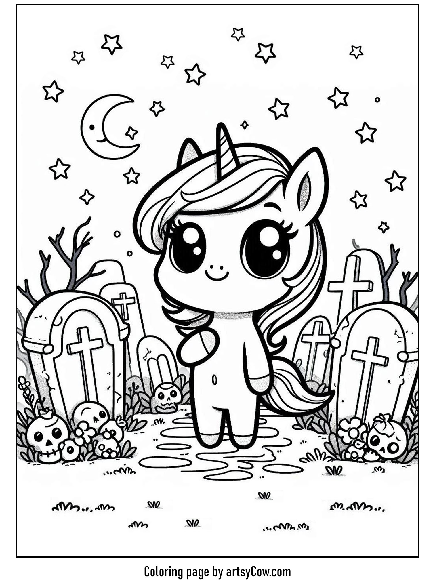 halloween coloring pages with unicorn 2 showing a cute unicorn standing in a spooky graveyard with tombstones and stars.